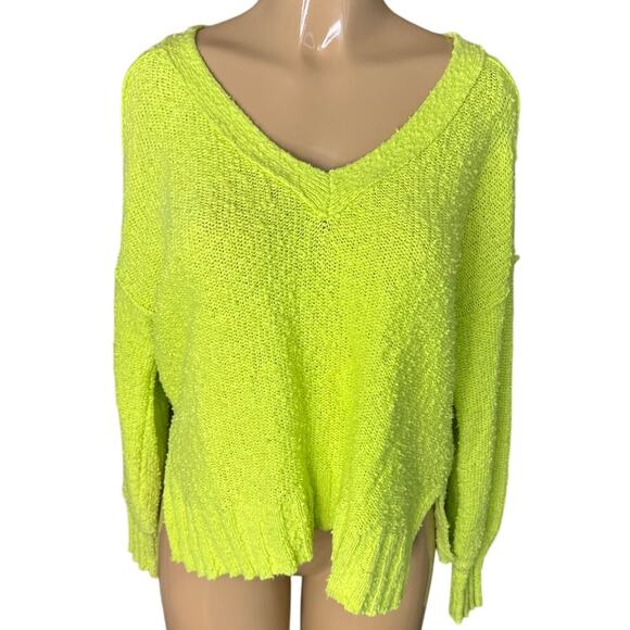 Pilcro Anthropologie Textured V-Neck Sweater Bright Lime Yellow Size Medium - Picture 1 of 10